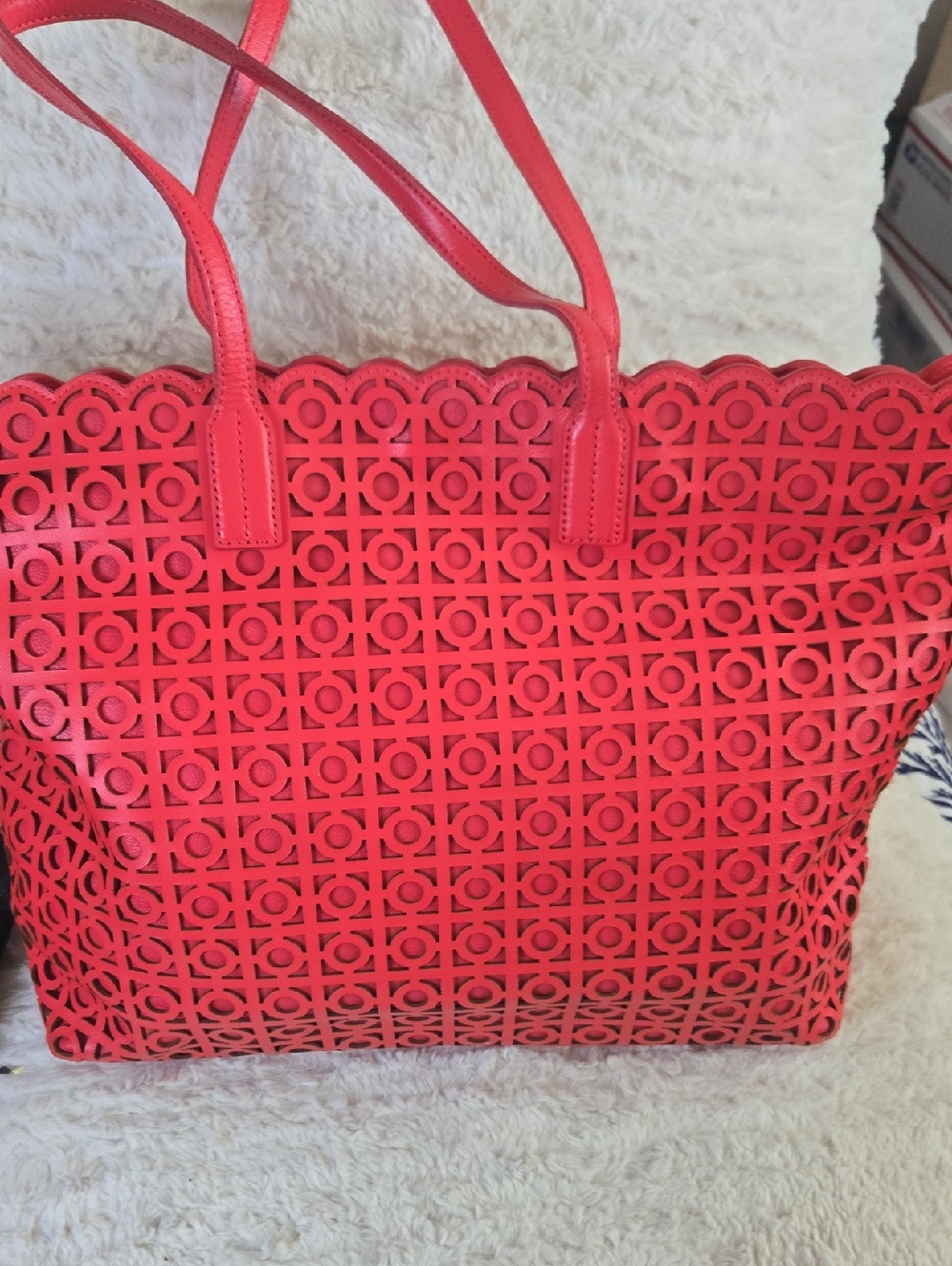 Tory Burch Coral Red LaserCut Tote Bag. EUC - Picture 5 of 11